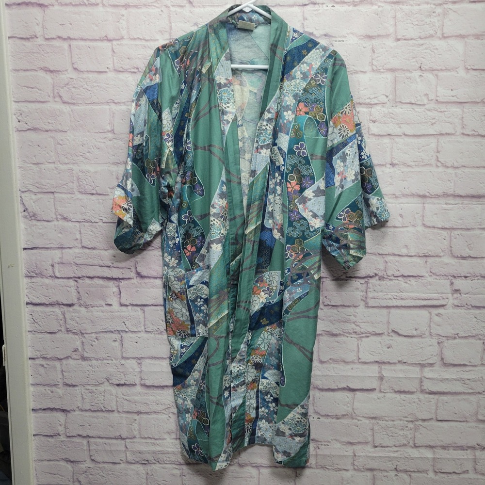 VTG Japanese Kimono Yakuta Robe Womens Sz 42 Traditional Blue Patchwork‎ Floral